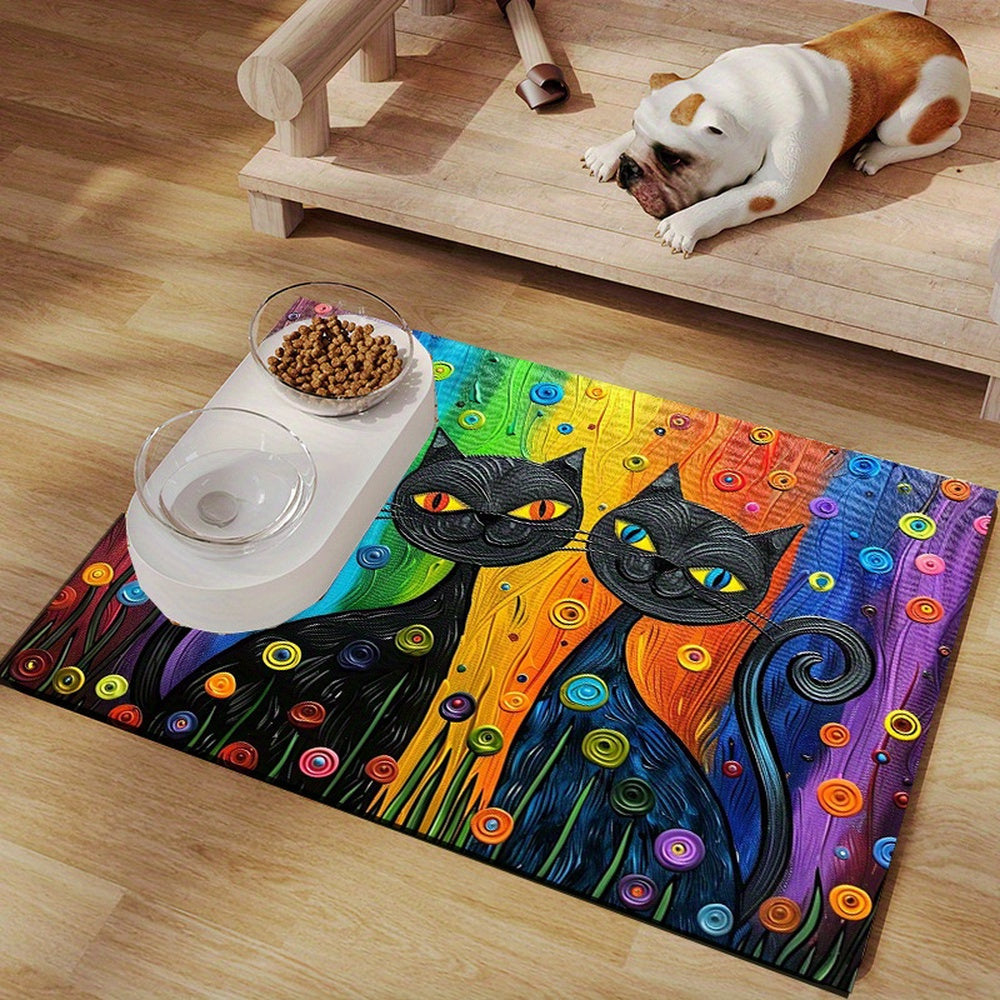 Colorful Cat Design Non-Slip Pet Feeding Mat Waterproof Durable Rubber Indoor Outdoor Use