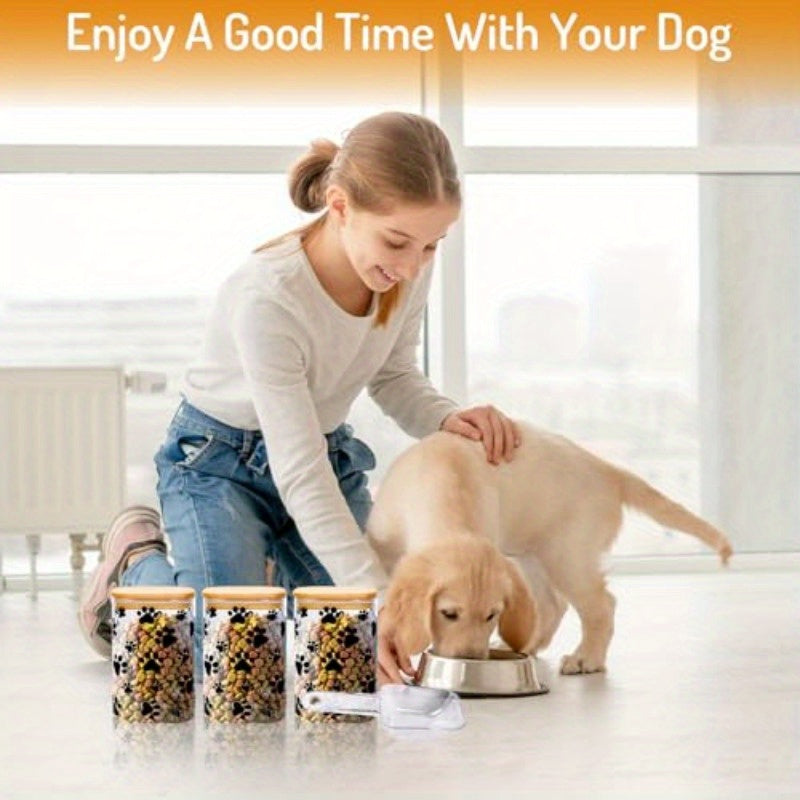 3 Pack Airtight Dog Treat Jars With Paw Print Labels