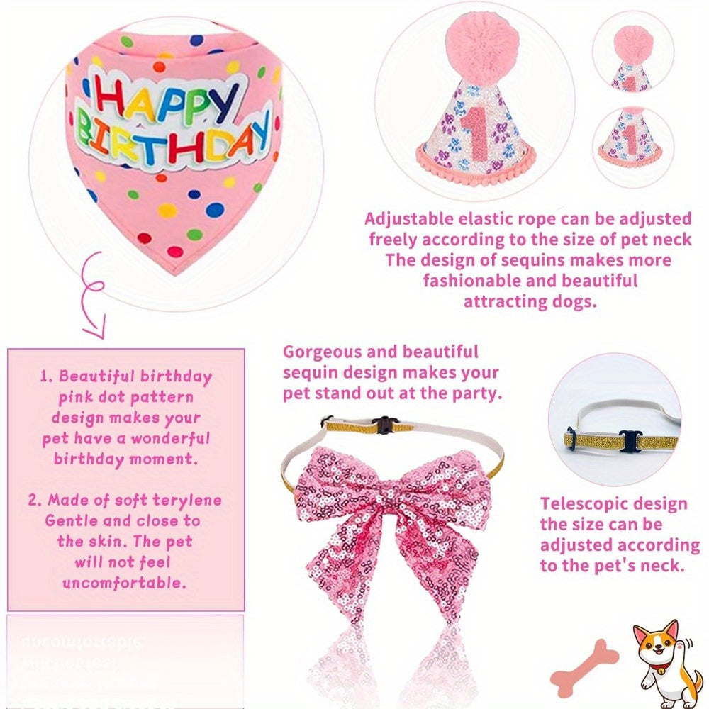 27pcs Pink Pet Birthday Party Kit with Tutu Hat Bandana and More for Dogs and Cats