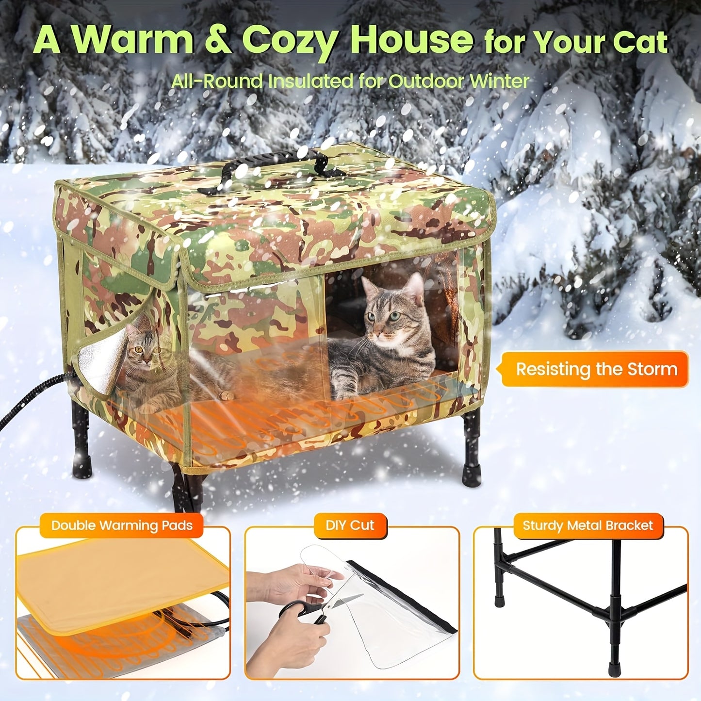 Indestructible Heated Cat House for Indoor and Outdoor Use with Collapsible Design and Food Bowl