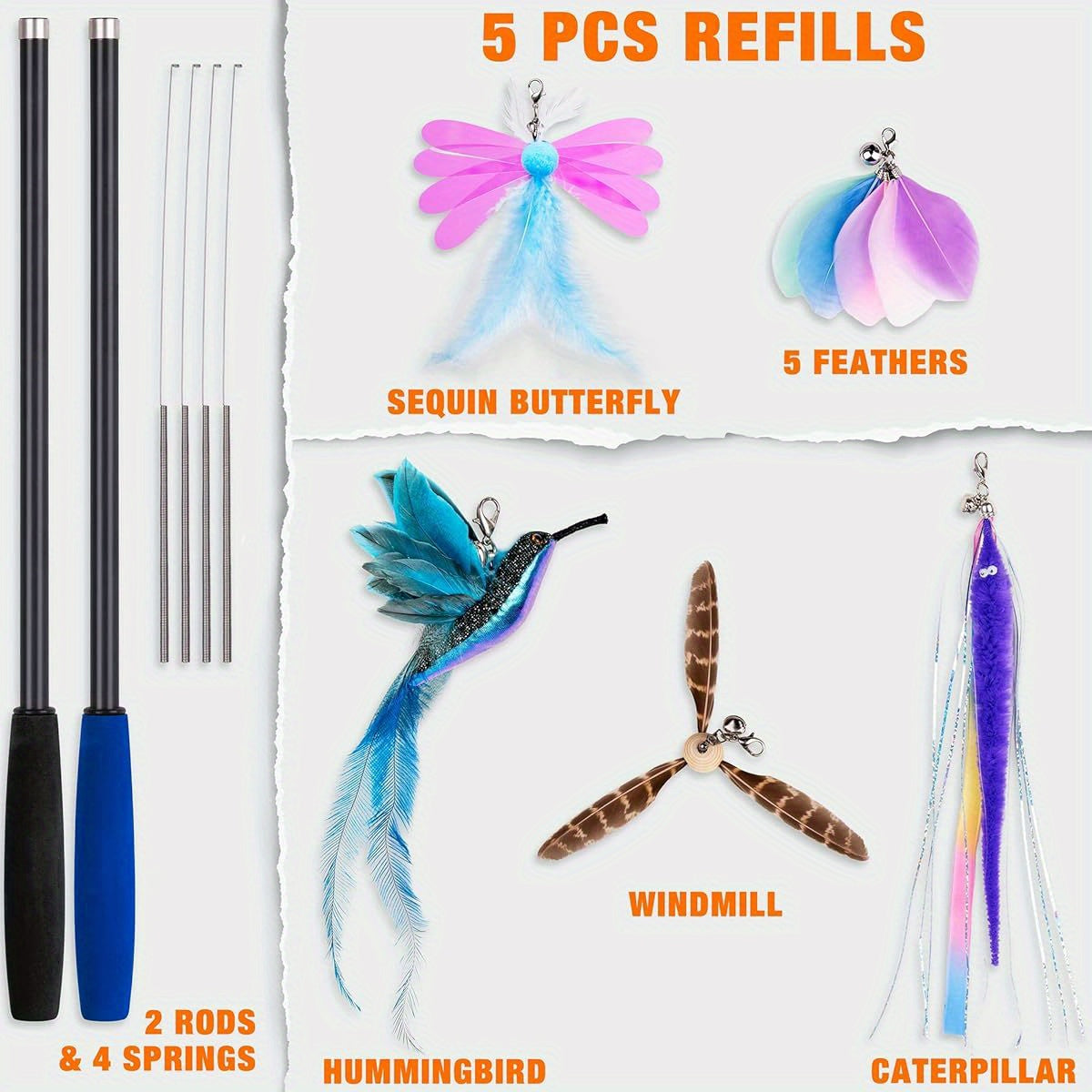 JXFUKAL 2025 Cat Toys 2in1 Spring Wand Teaser with Feather Refills for Indoor Kittens