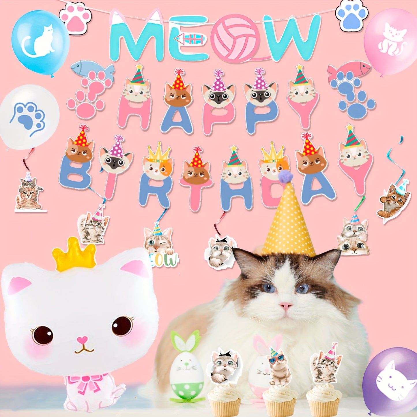 Cat Birthday Party Supplies 178pcs Kitten Decorations Plates Cups Banners Balloons Tableware Set