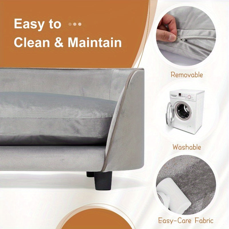 Modern Wooden Pet Sofa Bed for Small to Medium Dogs and Cats with Washable Cushion in Light Gray