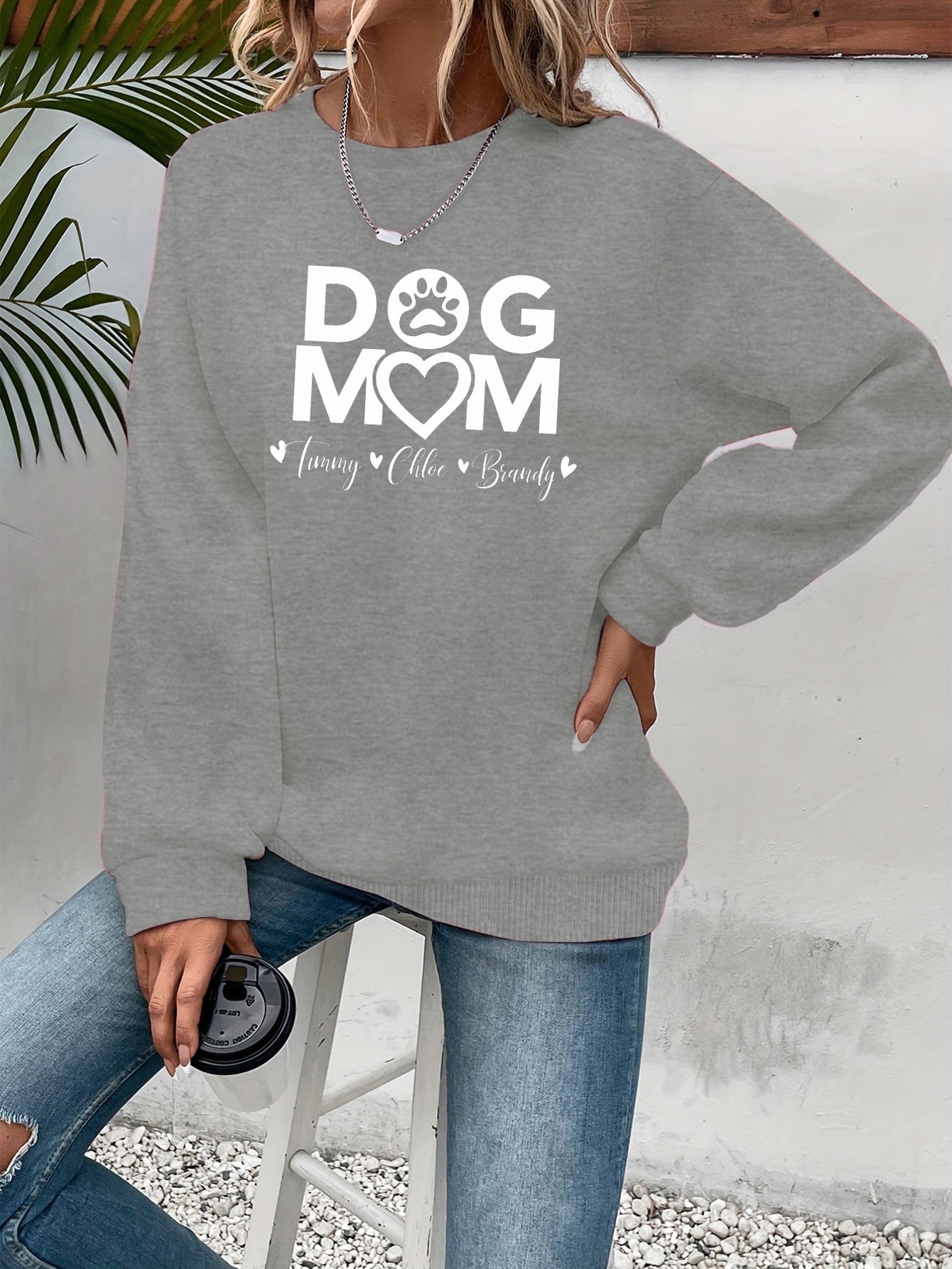 Teediy Women's Dog Mom Pink Sweatshirt with Paw Prints Casual Pullover for Autumn Winter