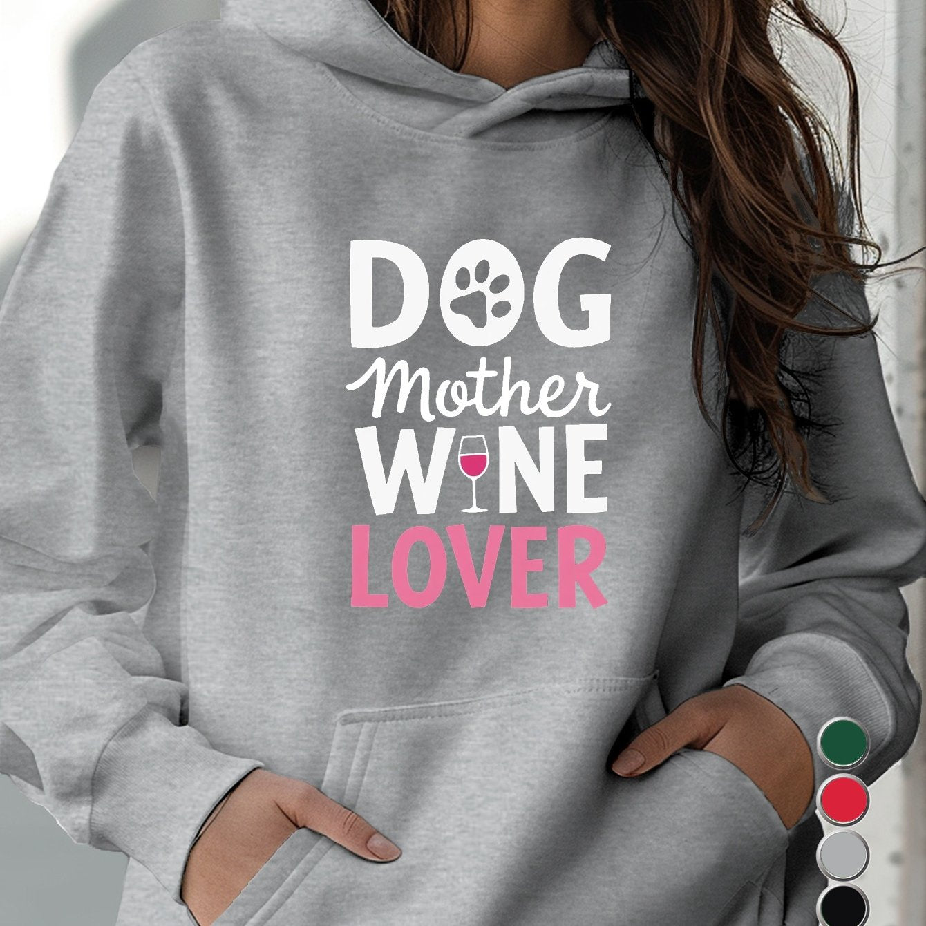 Teediy Women's Funny Dog Mom Wine Lover Hoodie Grey Pullover Sweatshirt for Pet Parents