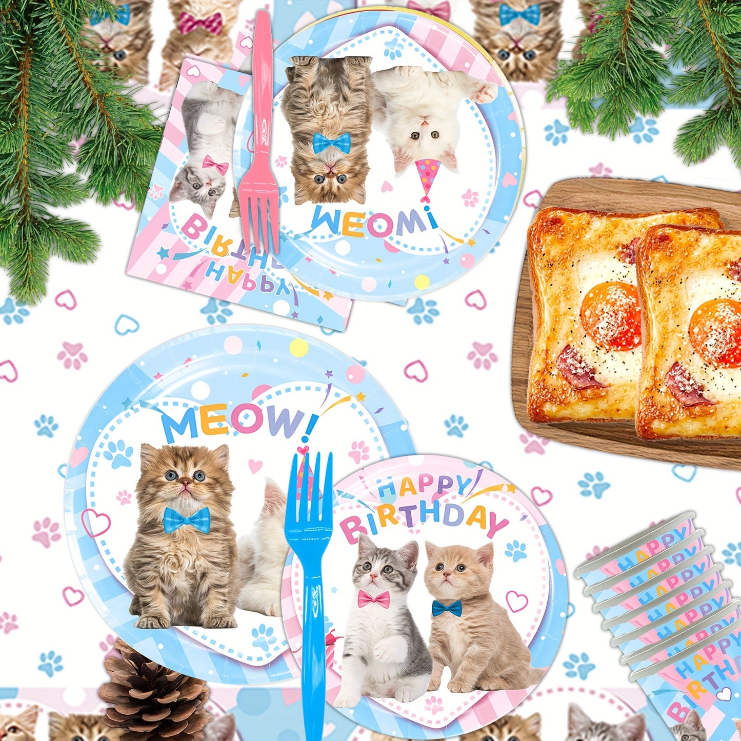 101PCS Cat Birthday Decorations Party Supplies Tableware for Kitten Girls Birthday Celebration