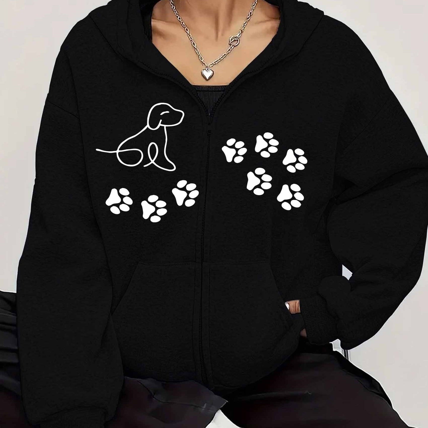 Women's Trendy Black Hoodie with Dog Paw Print Cozy Fleece Zip-Up Sweatshirt and Kangaroo Pocket