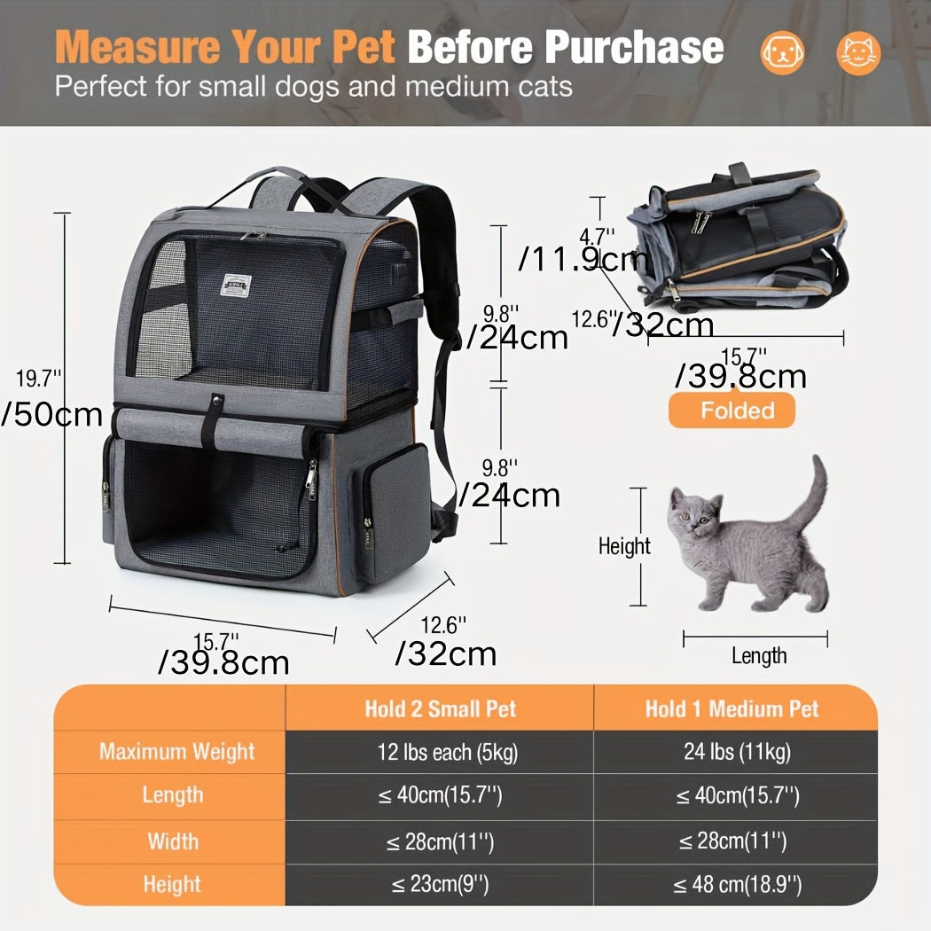 Lekereise Double Cat Backpack Carrier for Two Cats or One Medium Dog in Grey