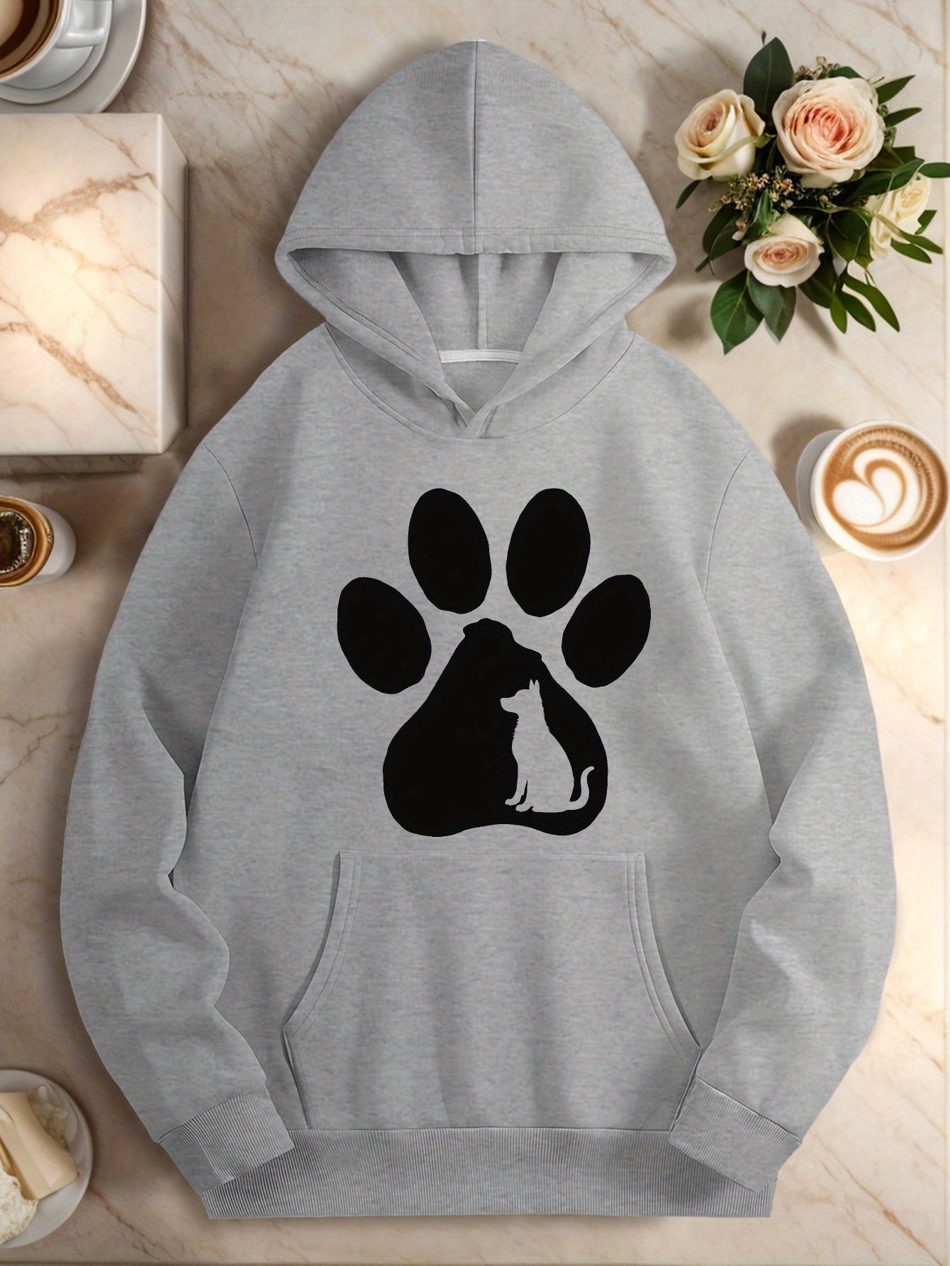 Women's Plus Size Cozy Hoodie with Dog and Cat Paw Print Red Long Sleeve Casual Sweatshirt