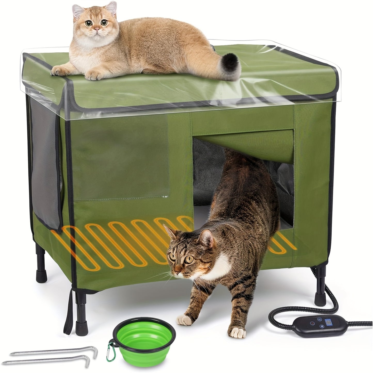 Indestructible Heated Cat House for Indoor and Outdoor Use with Collapsible Design and Food Bowl