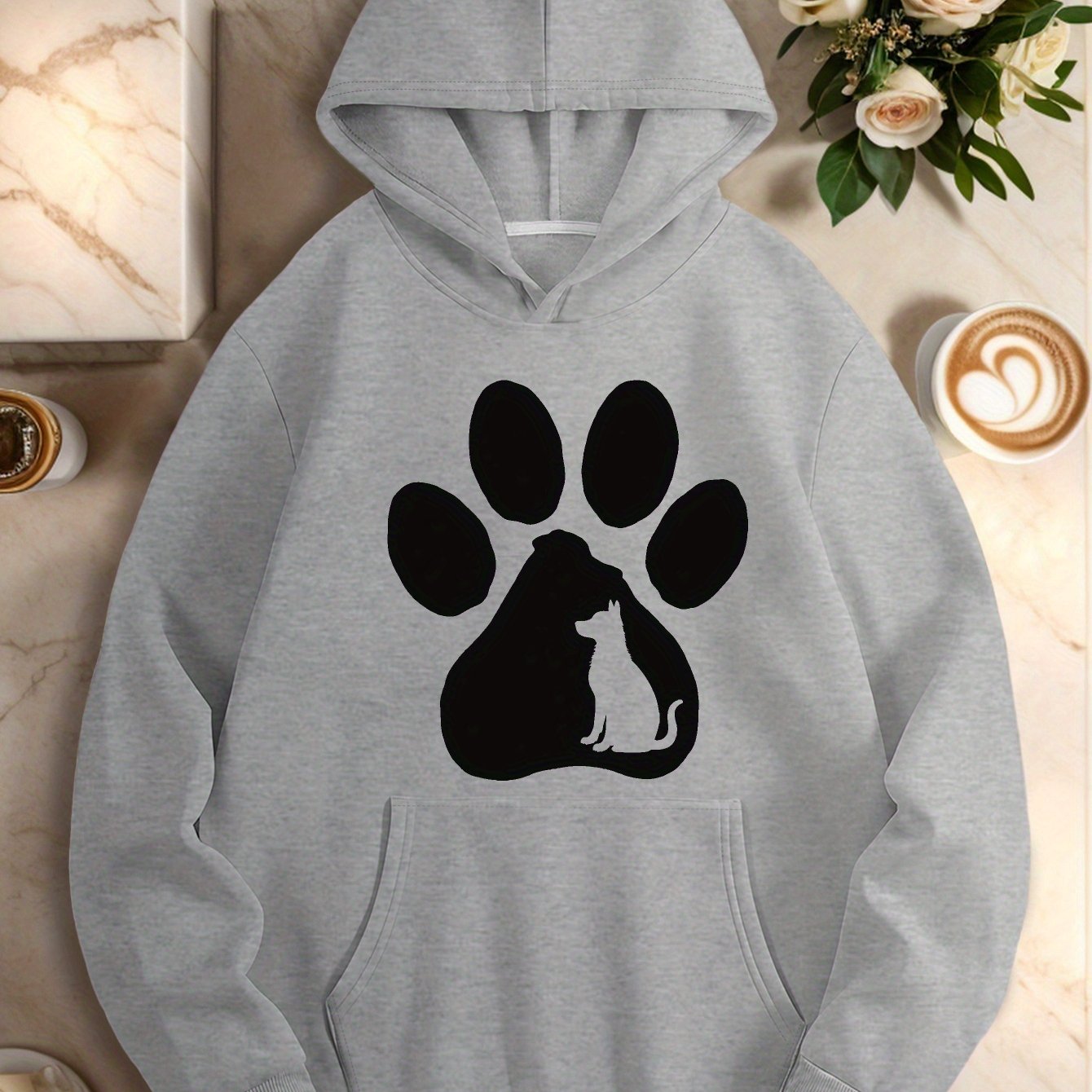 Women's Plus Size Cozy Hoodie with Dog and Cat Paw Print Red Long Sleeve Casual Sweatshirt