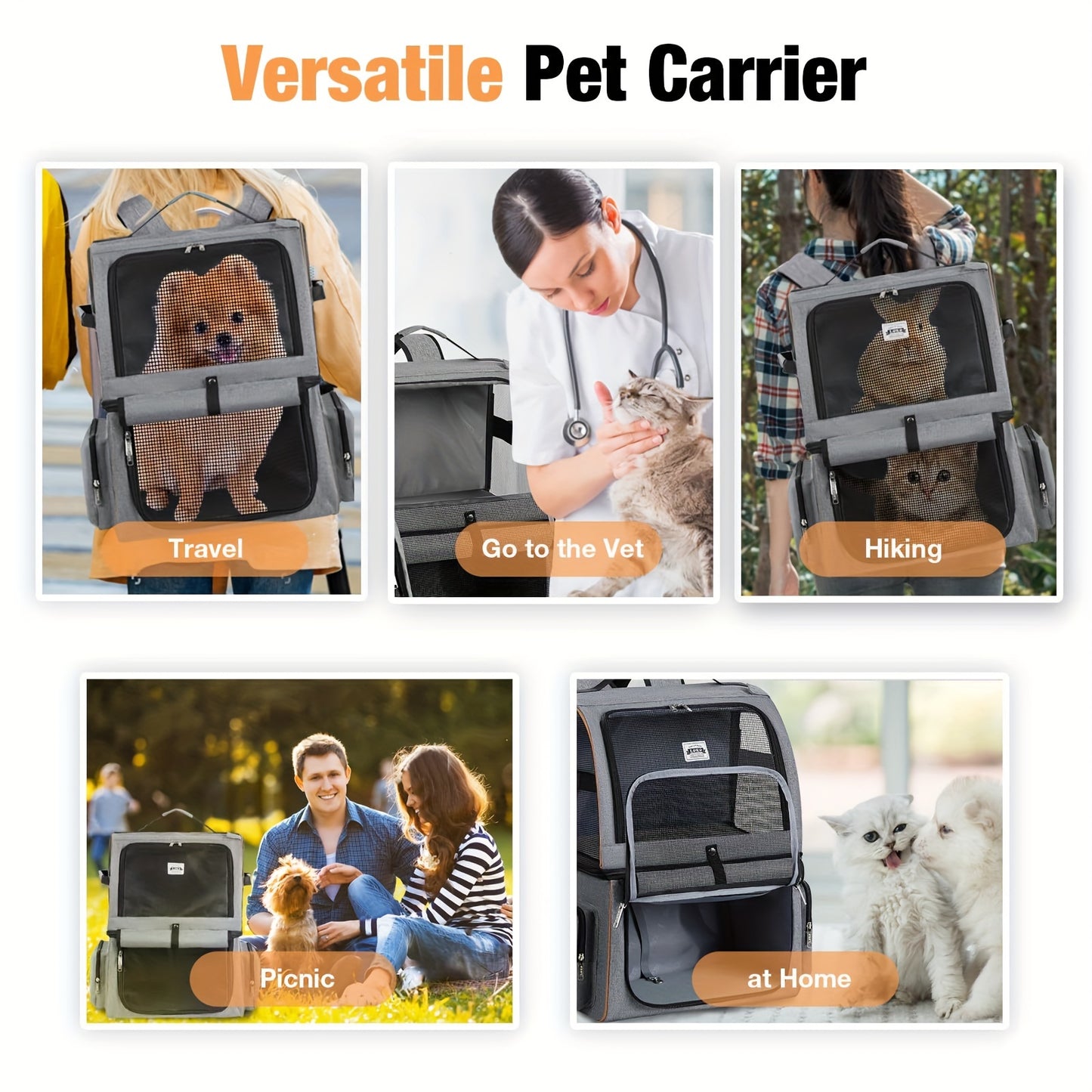 Lekereise Double Cat Backpack Carrier for Two Cats or One Medium Dog in Grey