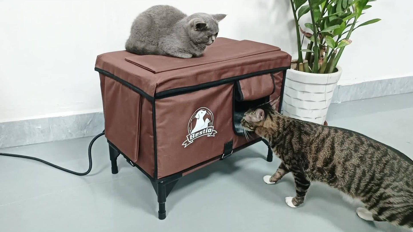 Cat House with Heating Pad and Elevated Bed 3-in-1 Design for Indoor and Outdoor Use