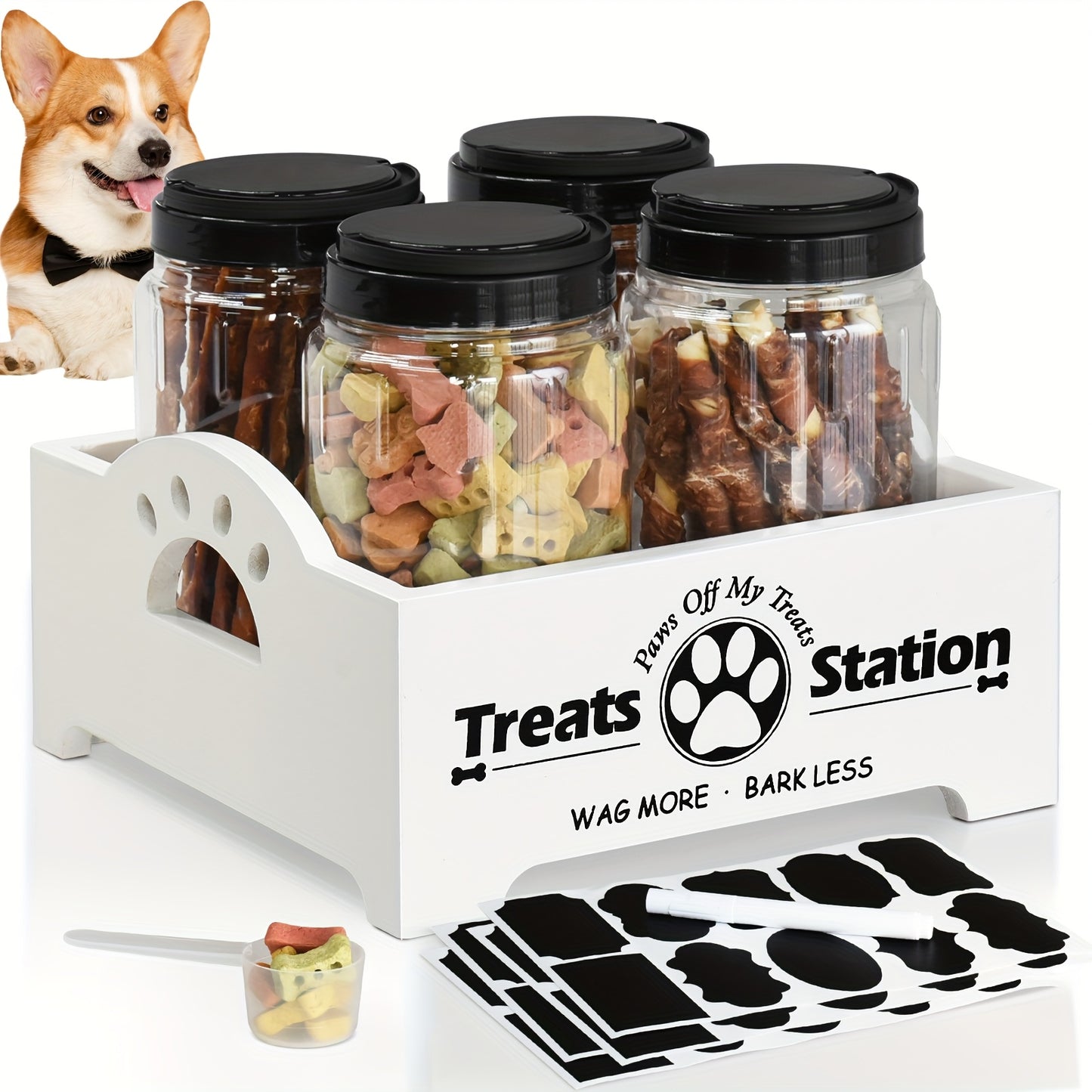 Wooden Dog Food Storage Box With Farmhouse Cat Jars