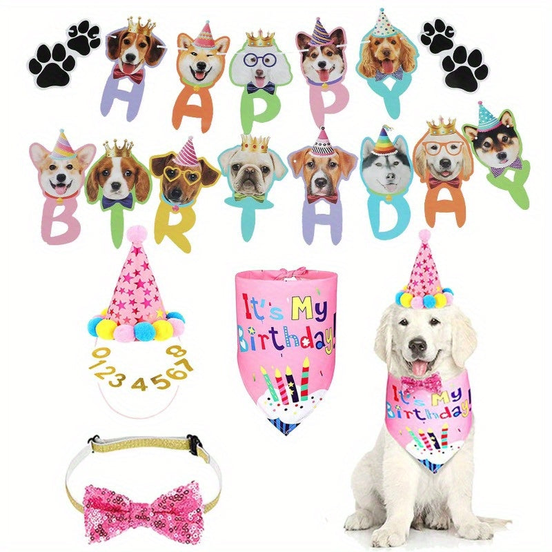 21 Piece Pet Birthday Party Set with Hats Banners Triangle Scarves and Decorations