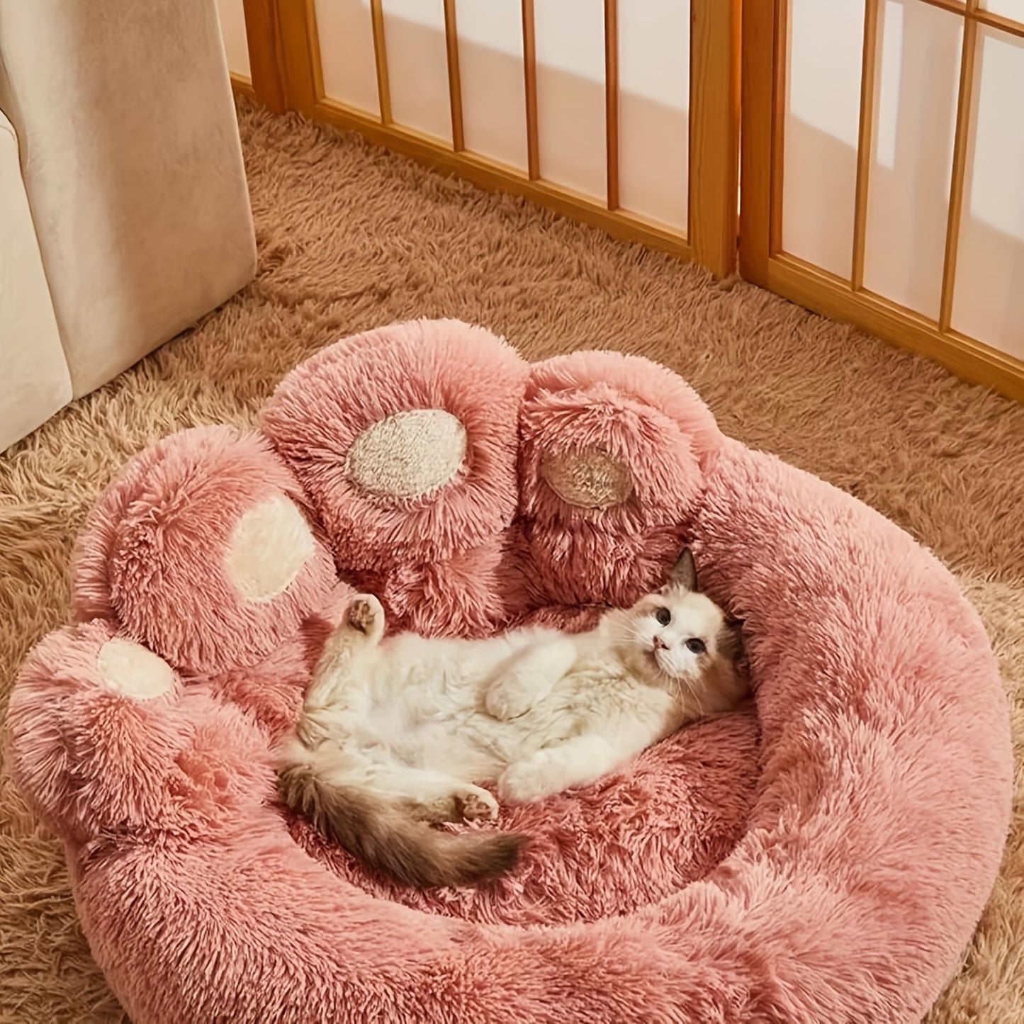 Large 43.5 Inch Cute Bear Paw Shaped Cozy Dog And Cat Bed Round Plush Mattress