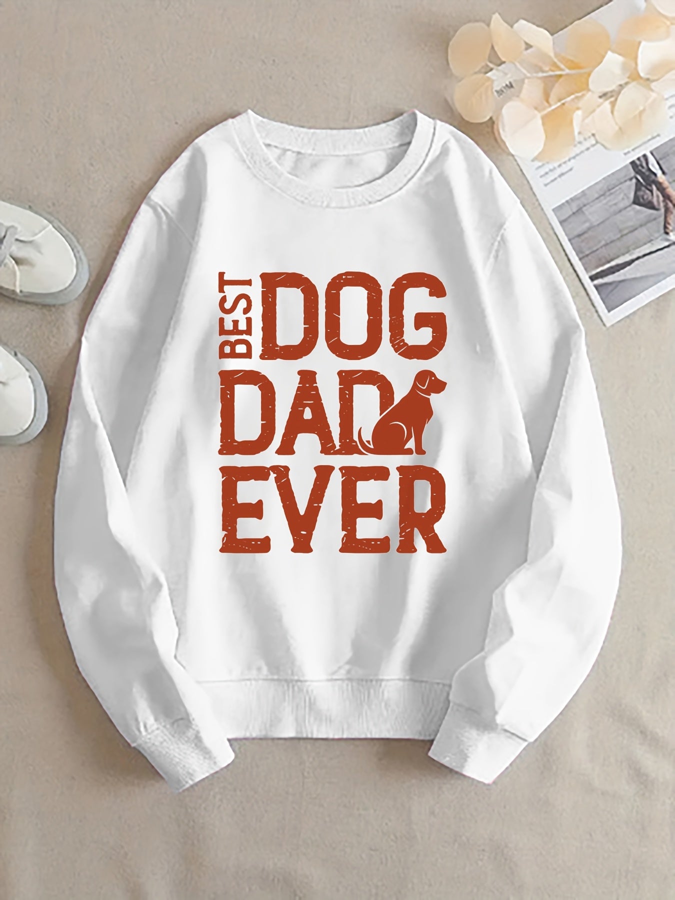 Women's Best Dog Dad Ever Crew Neck Sweatshirt - Light Beige Casual Pullover for Dog Moms