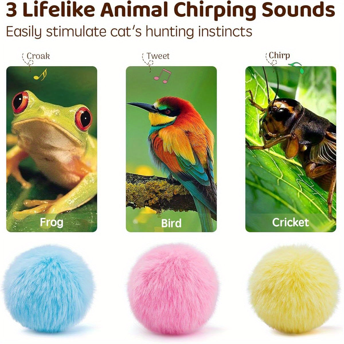 Chirping Cat Toy Balls with SilverVine 3 Pack Fluffy Interactive Kicker with Animal Sounds