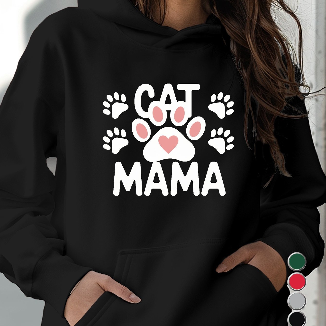 Teediy Cat Mama Paw Print Heart Women's Casual Hoodie for Cat Lovers