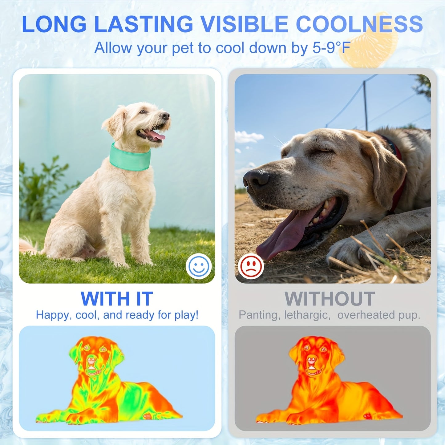 Dog Cooling Bandana Set of 2 Adjustable Ice Neck Cooler for Summer Heat Relief Blue