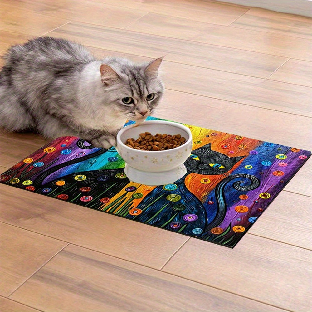 Colorful Cat Design Non-Slip Pet Feeding Mat Waterproof Durable Rubber Indoor Outdoor Use