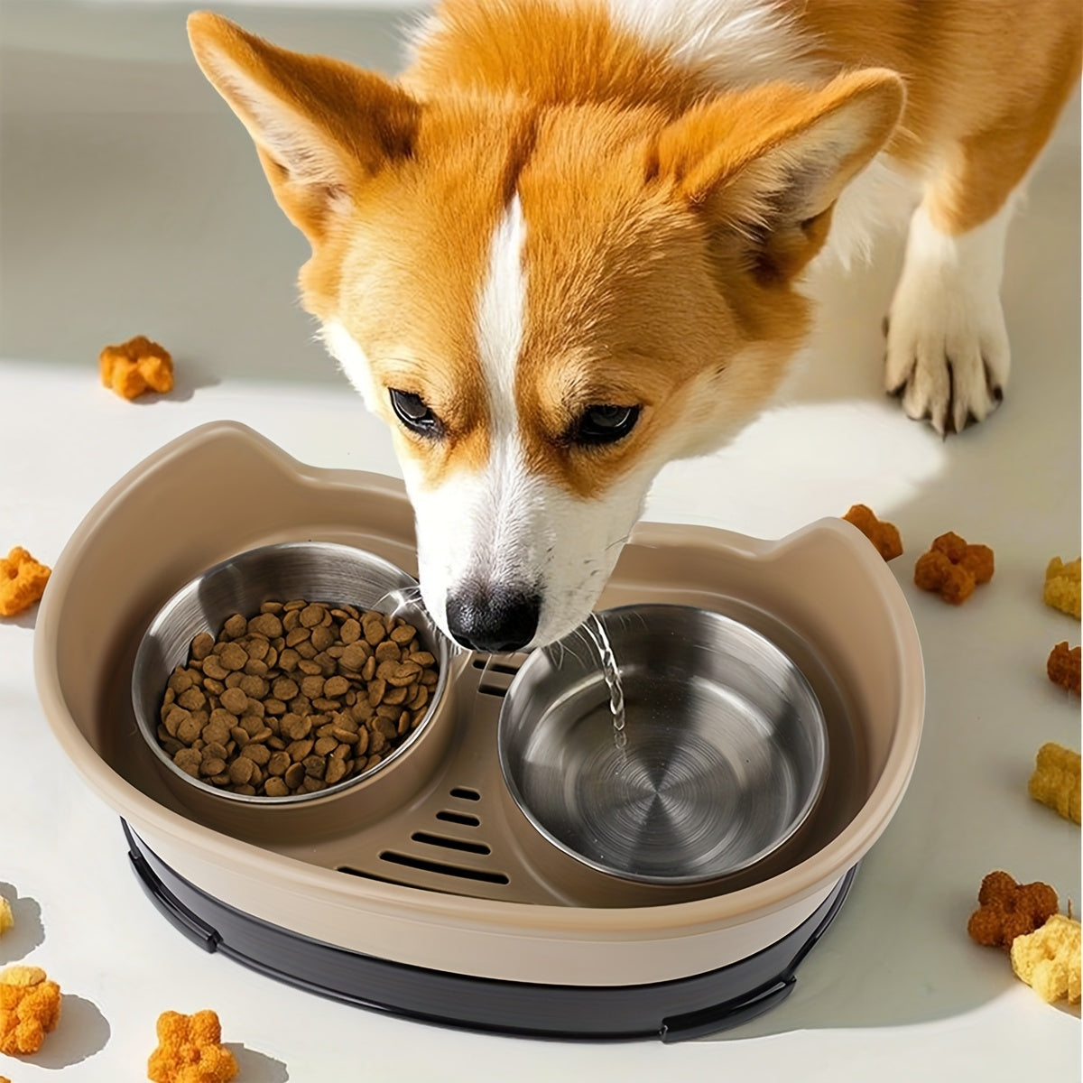 Stainless Steel Double Pet Bowl Set with Anti-Tip Design for Dogs and Cats