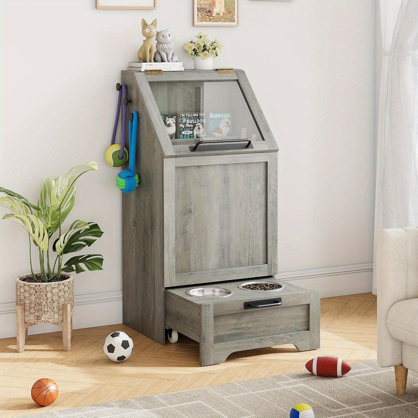 Modern Grey Dog Feeding Station With Elevated Bowls