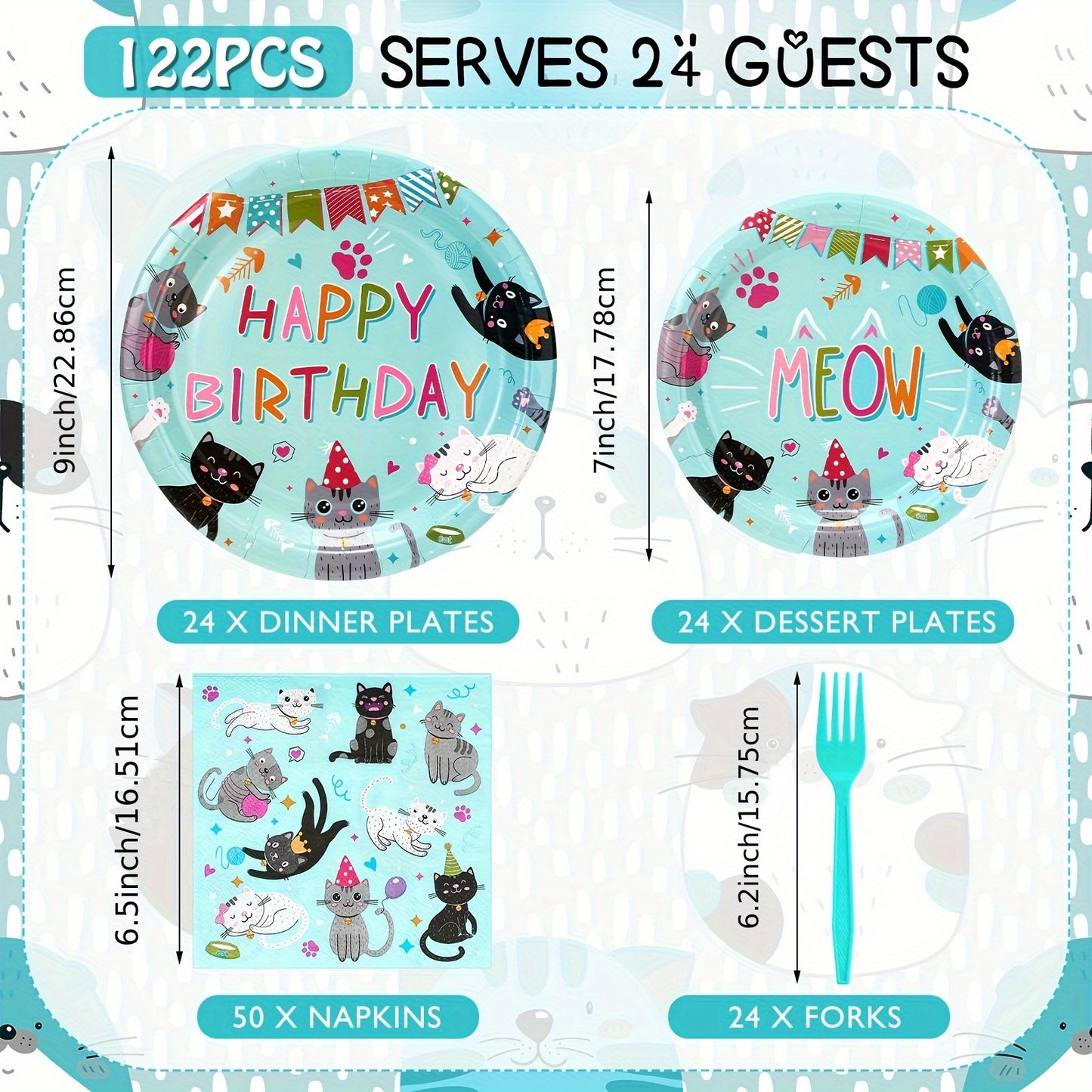 122 Pieces Cat Birthday Party Supplies Disposable Tableware Set for 24 Guests in Green