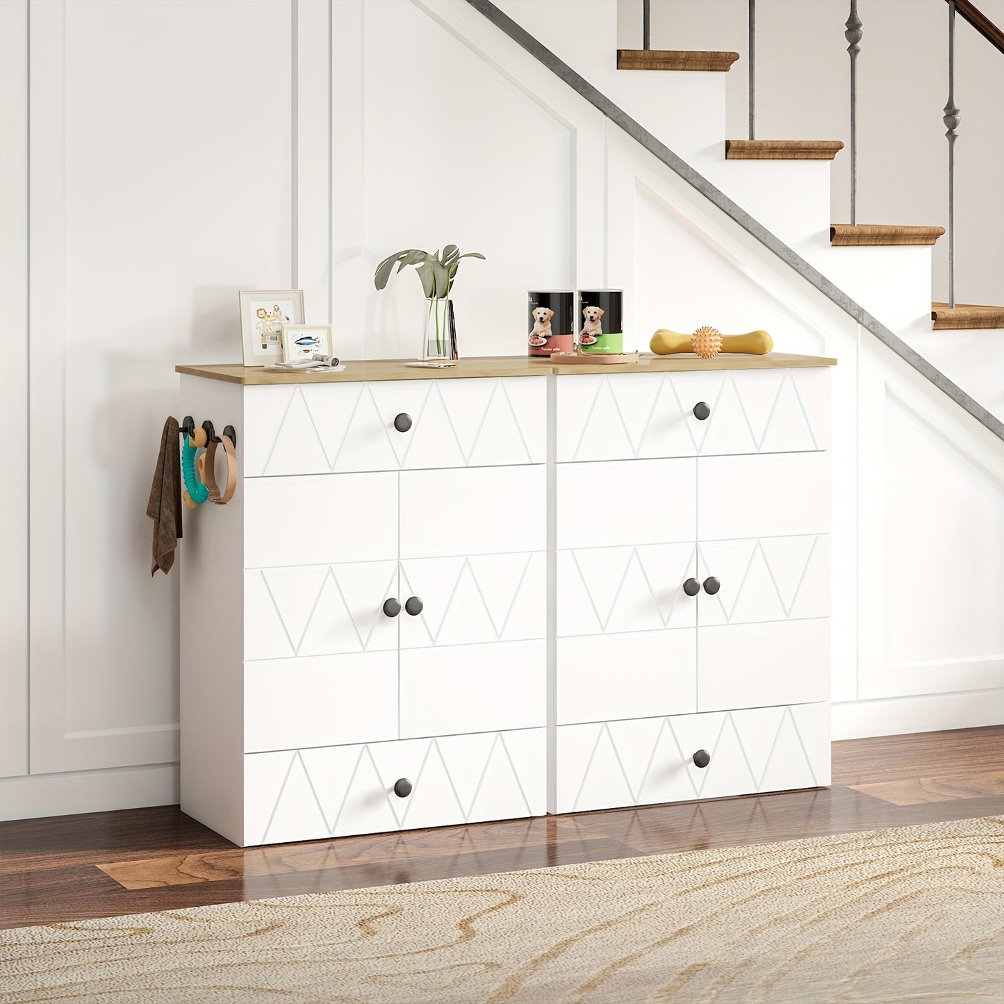 Advwin Wooden Pet Feeding Cabinet With Drawers And Hooks