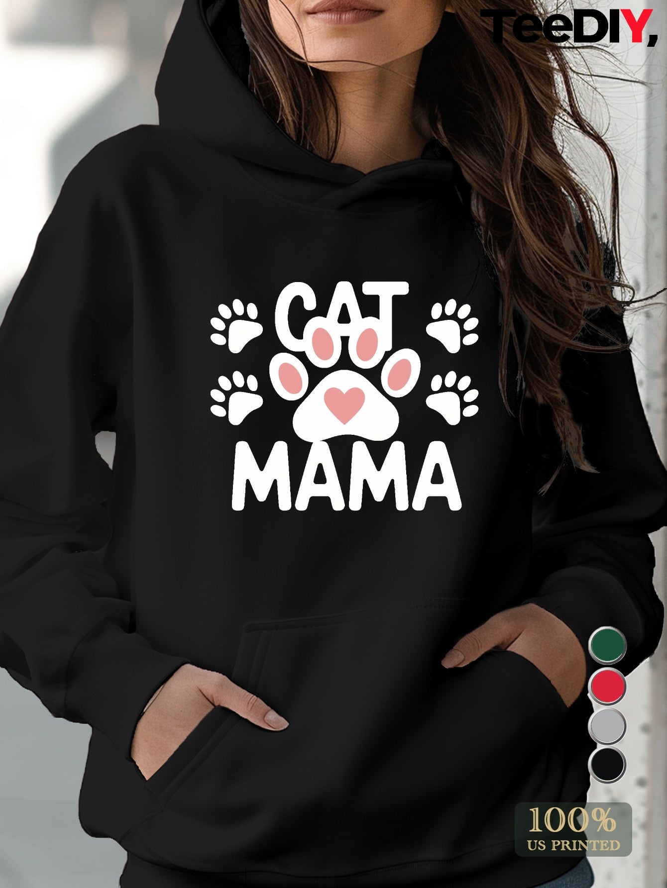 Teediy Cat Mama Paw Print Heart Women's Casual Hoodie for Cat Lovers