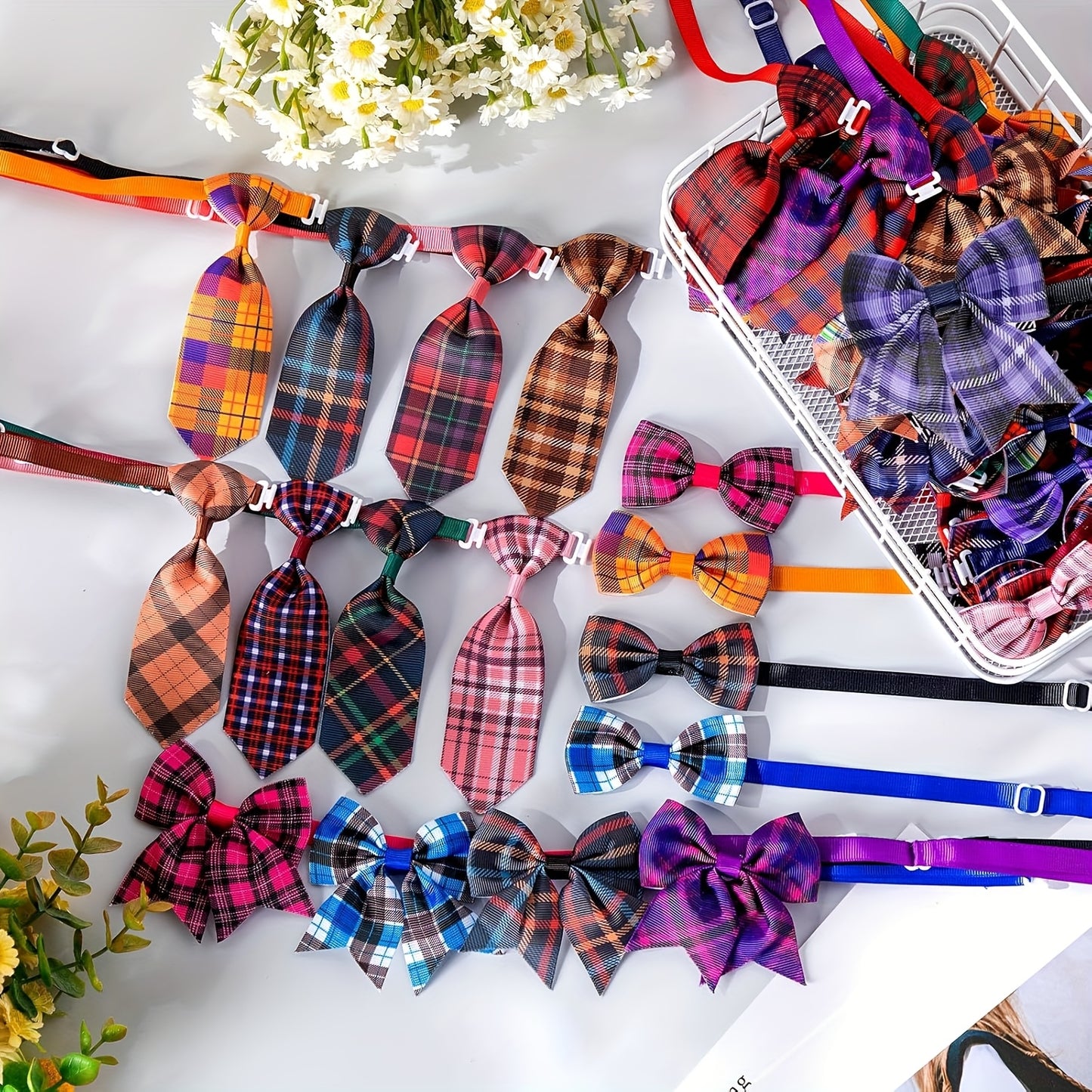 100pcs Plaid Dog Bow Tie Collar Set with Neckties Bow Ties and Collar Flowers for Dogs