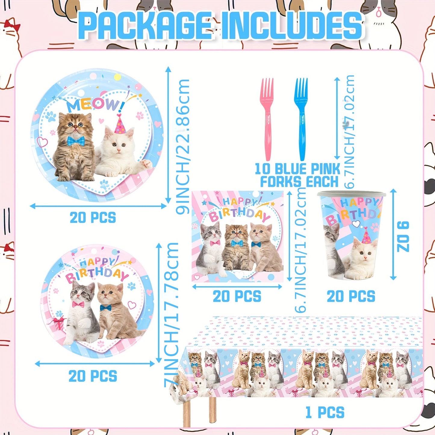 101PCS Cat Birthday Decorations Party Supplies Tableware for Kitten Girls Birthday Celebration