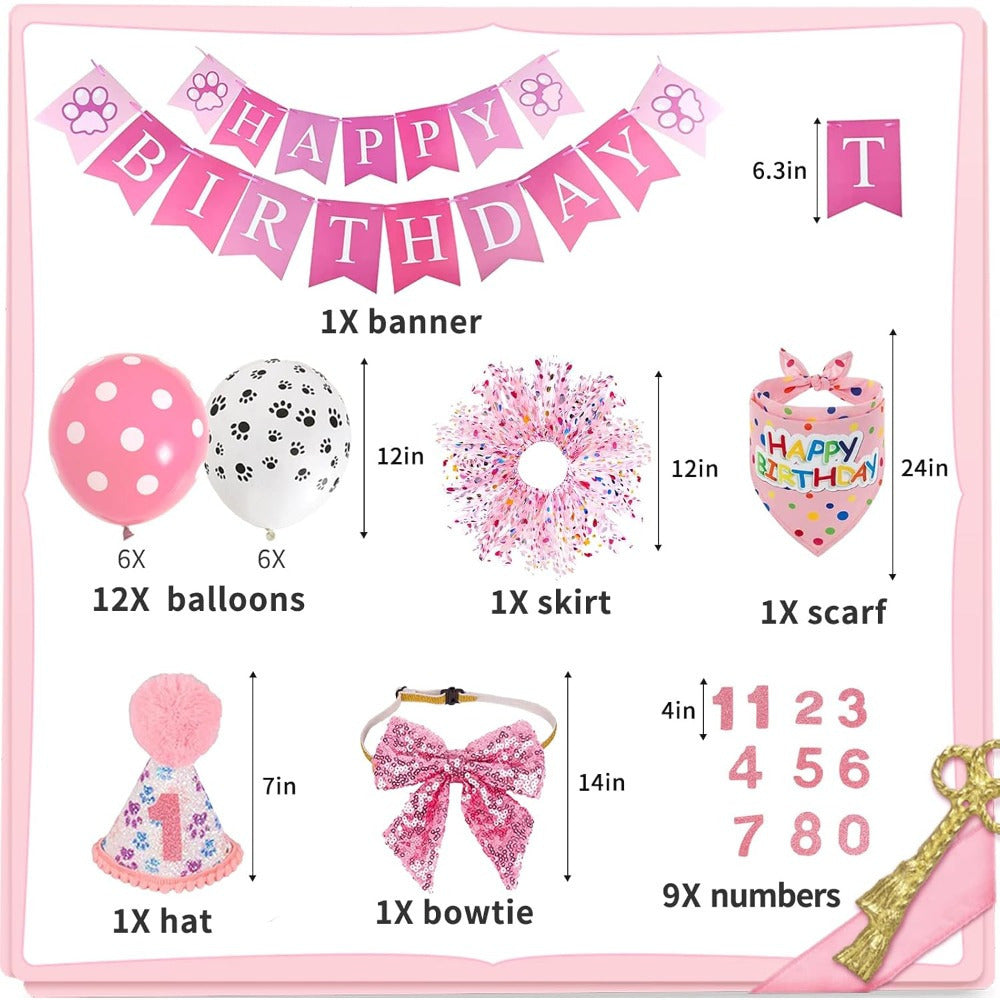 27pcs Pink Pet Birthday Party Kit with Tutu Hat Bandana and More for Dogs and Cats