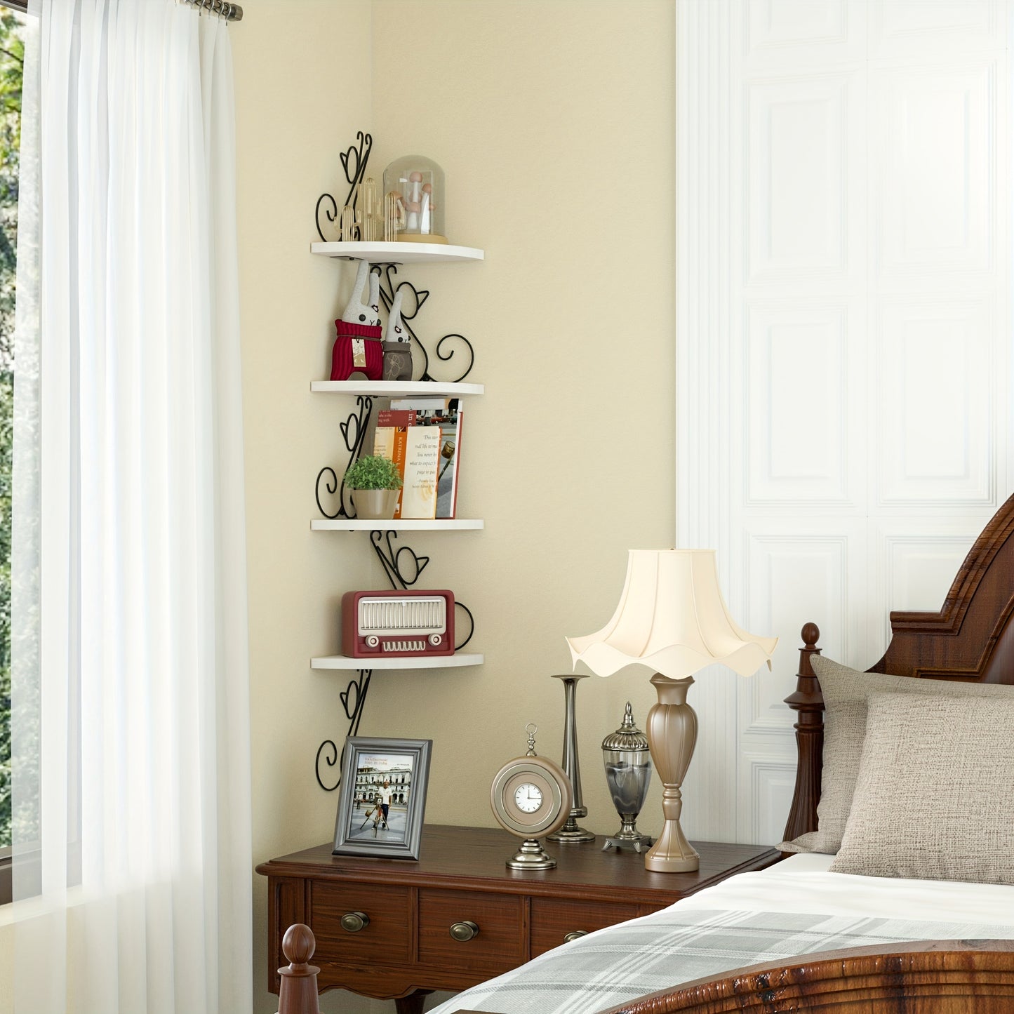 Floating Corner Wood Shelves 4 Tier Rustic Cat Shaped Wall Mounted Storage for Living Room Bedroom