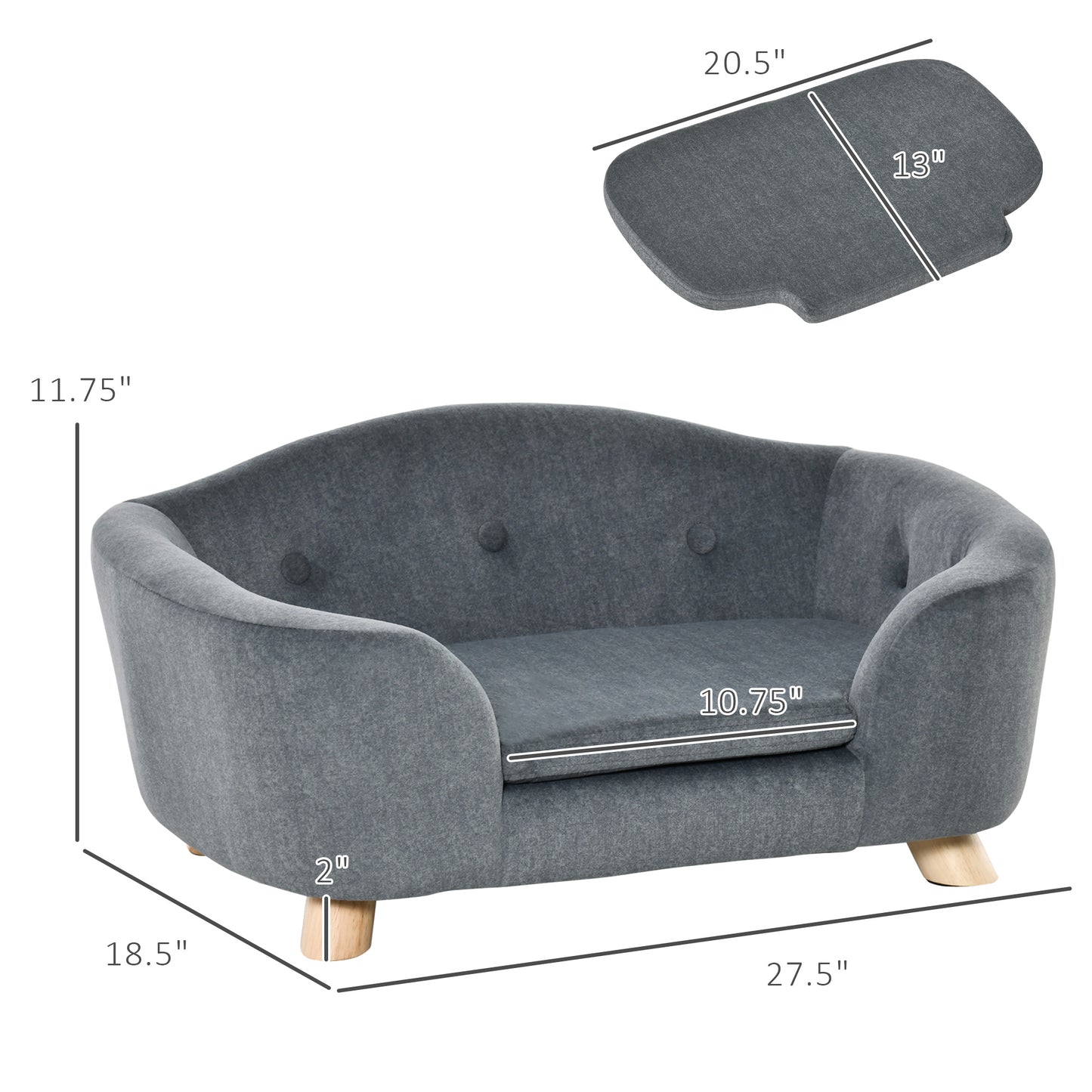 PawHut Gray Dog Cat Couch Sofa Bed for Miniature Dogs with Washable Cushion and Waterproof Cover