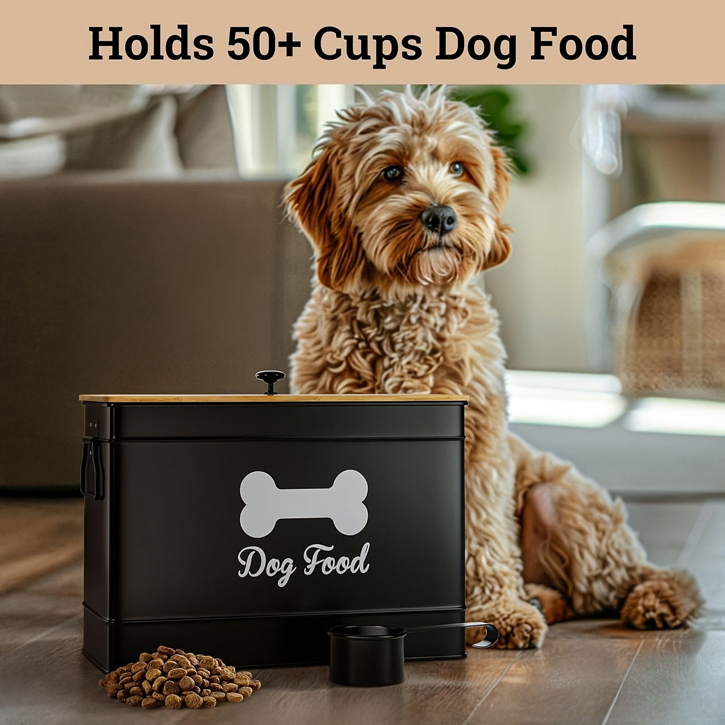 15 Lb Airtight Dog Food Container With Bamboo Lid And Scoop