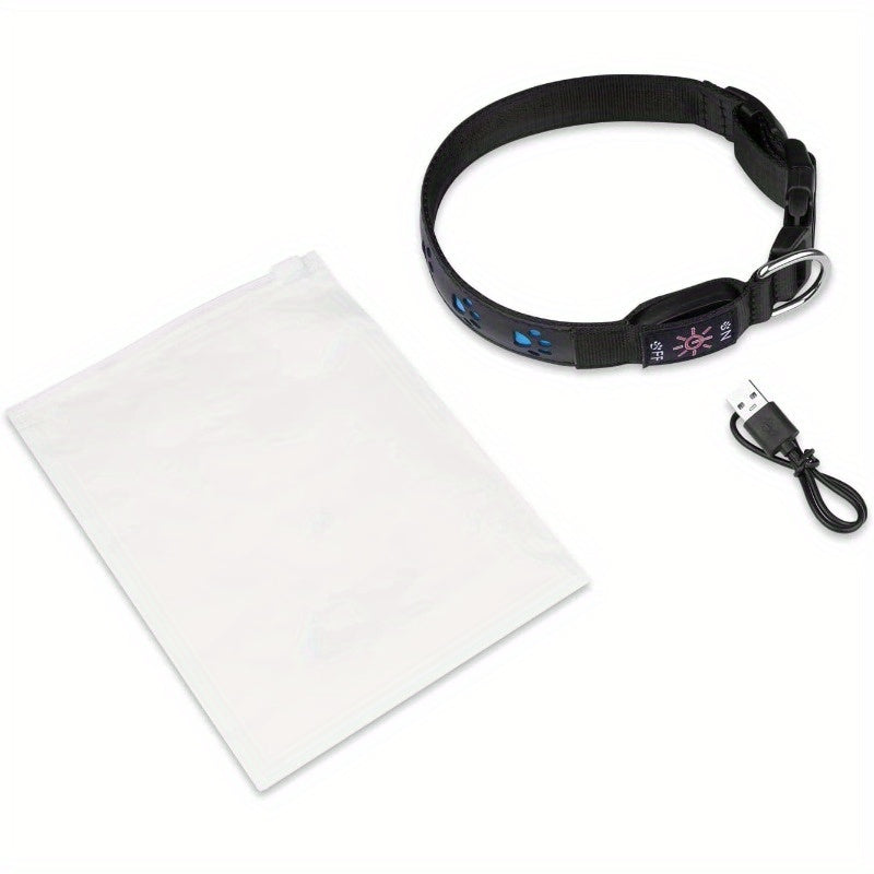 7 Color LED Dog Collar with Paw Pattern USB Rechargeable Adjustable Fit for Nighttime Safety
