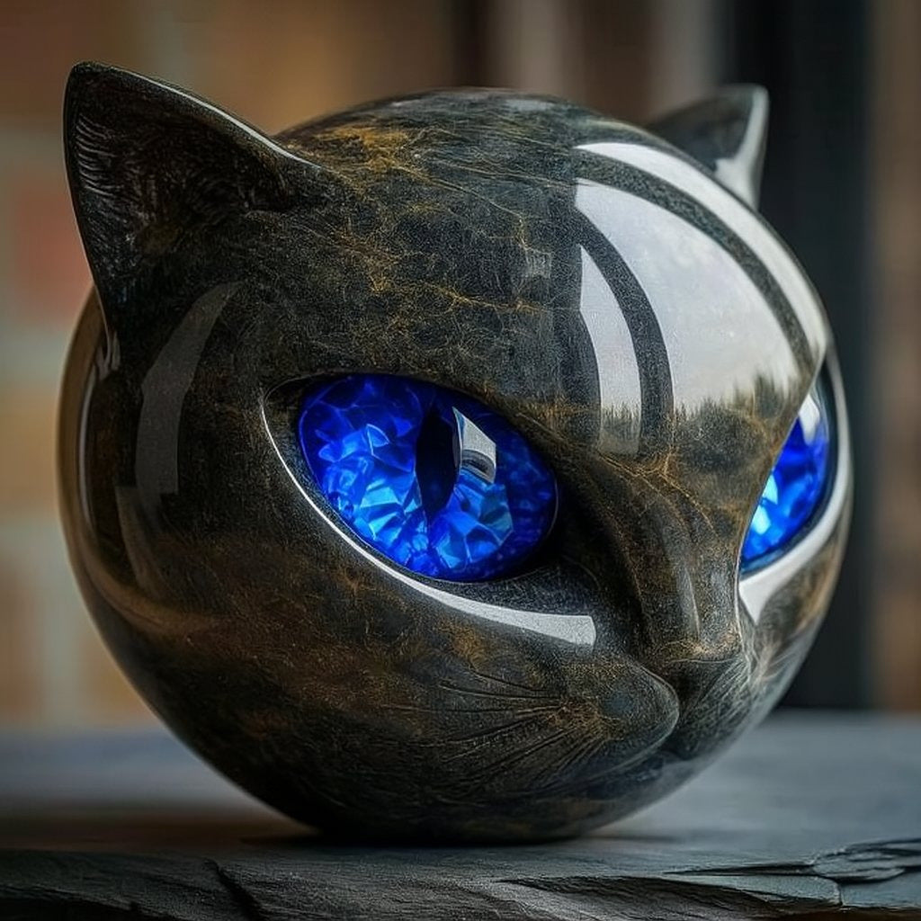 Handmade Black Cat Sculpture with Marble Eyes Gothic Home Decor Resin Figurine Gift