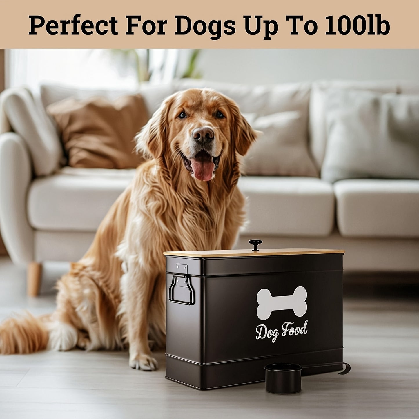 15 Lb Airtight Dog Food Container With Bamboo Lid And Scoop