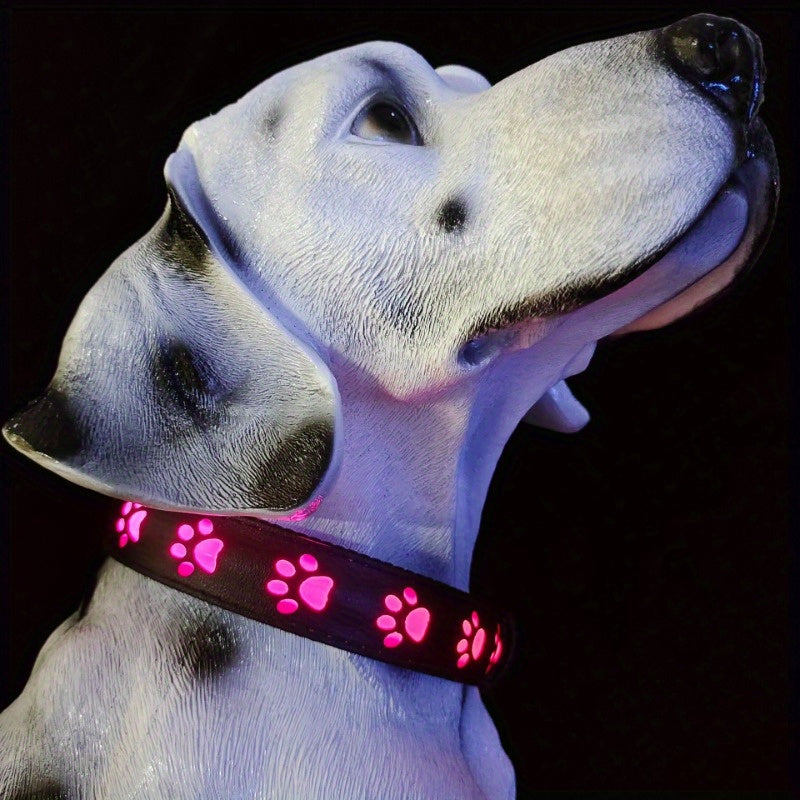 7 Color LED Dog Collar with Paw Pattern USB Rechargeable Adjustable Fit for Nighttime Safety