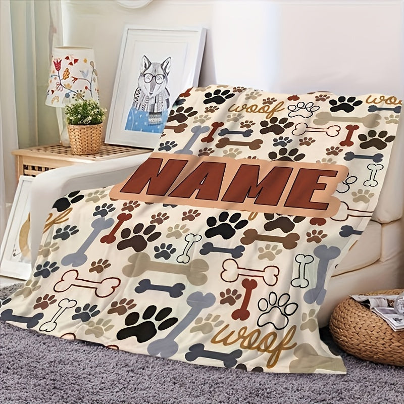 Customizable Woof Dog Bone Flannel Blanket All Season Hypoallergenic Machine Washable