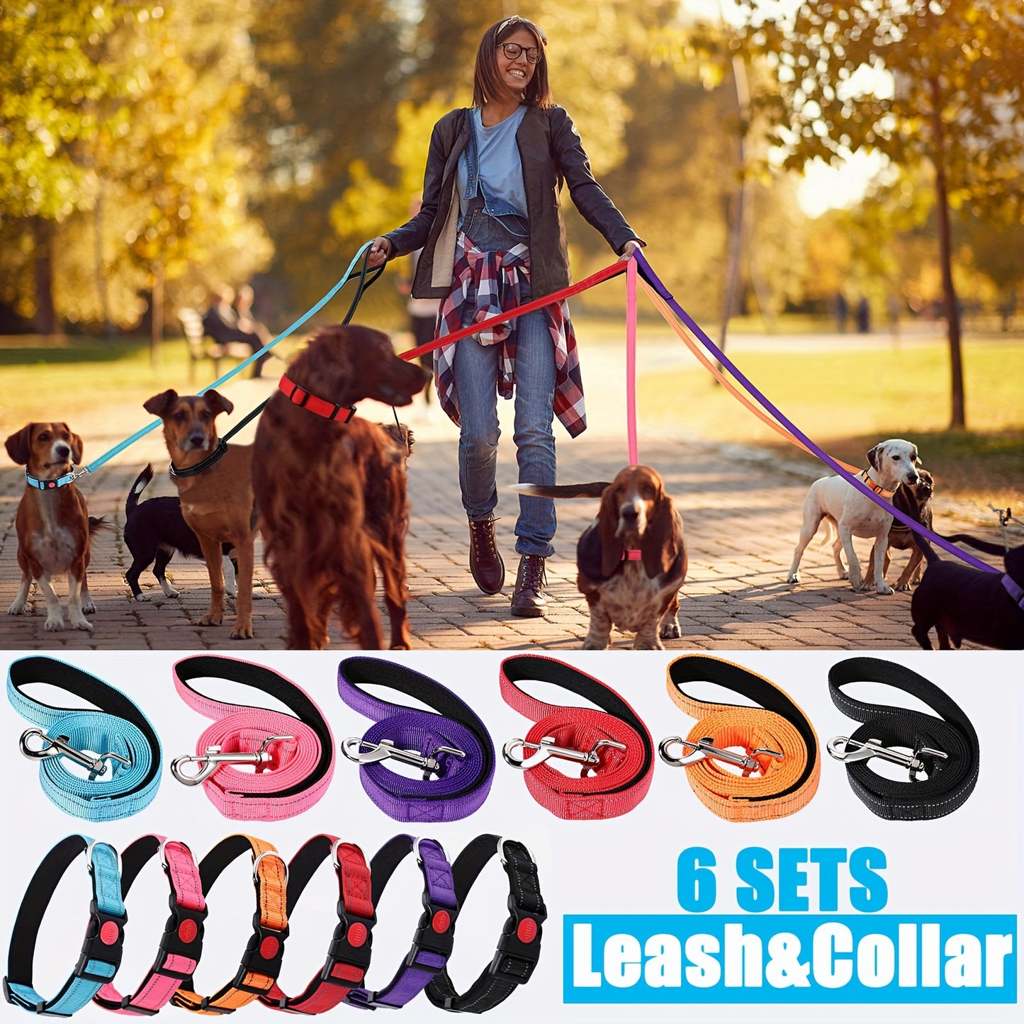 6 Sets Reflective Dog Leash and Collar Set with Adjustable Heavy Duty Padded Handle