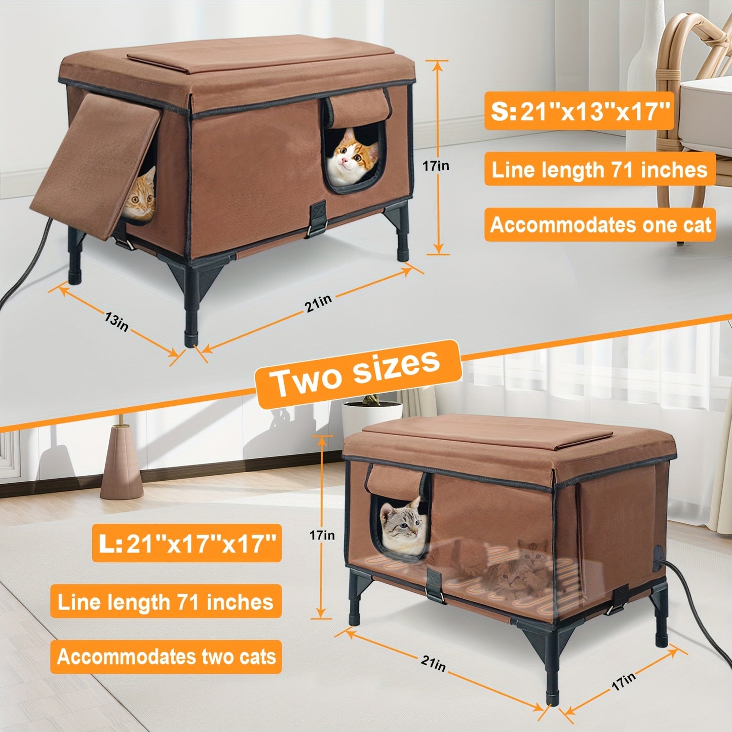 Cat House with Heating Pad and Elevated Bed 3-in-1 Design for Indoor and Outdoor Use