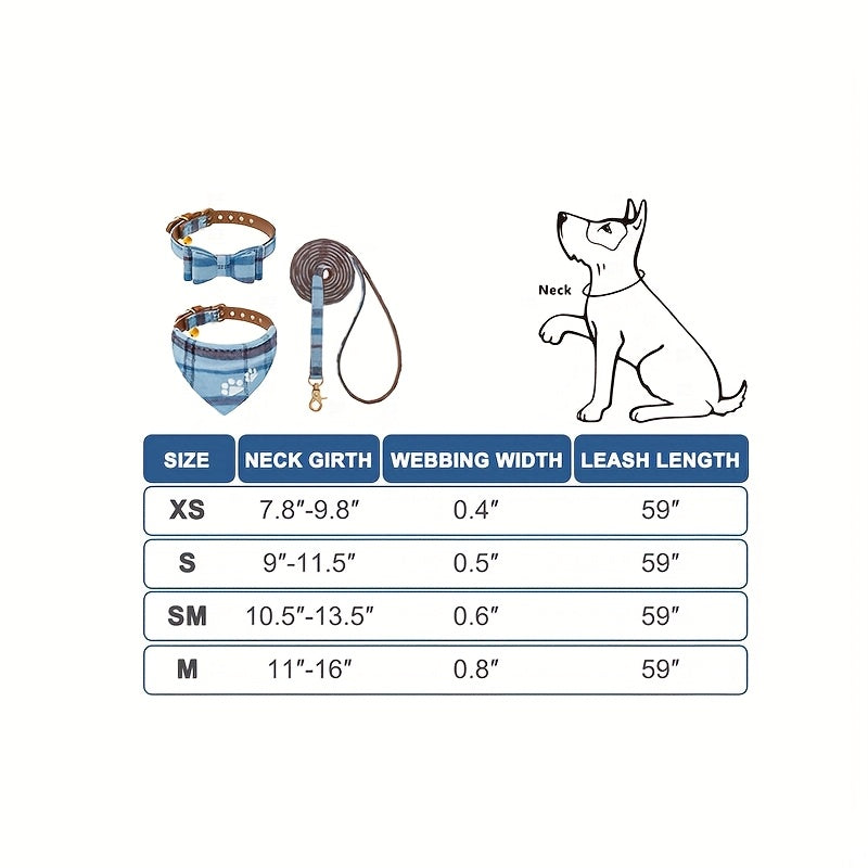 Cute Blue Plaid Dog Collar and Leash Set with Bow Tie and Bandana for Outdoor Walking