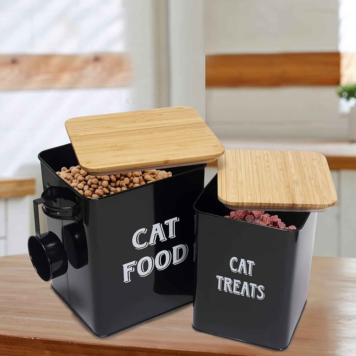 Pet Food Storage Canister Set With Scoop And Wood Lids