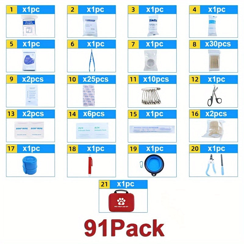 91pcs Portable Pet First Aid Kit for Dogs and Cats Ideal for Hiking Camping and Travel