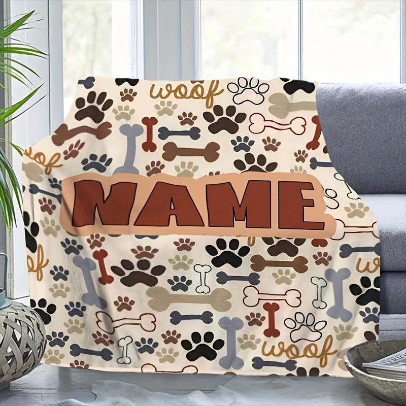 Customizable Woof Dog Bone Flannel Blanket All Season Hypoallergenic Machine Washable
