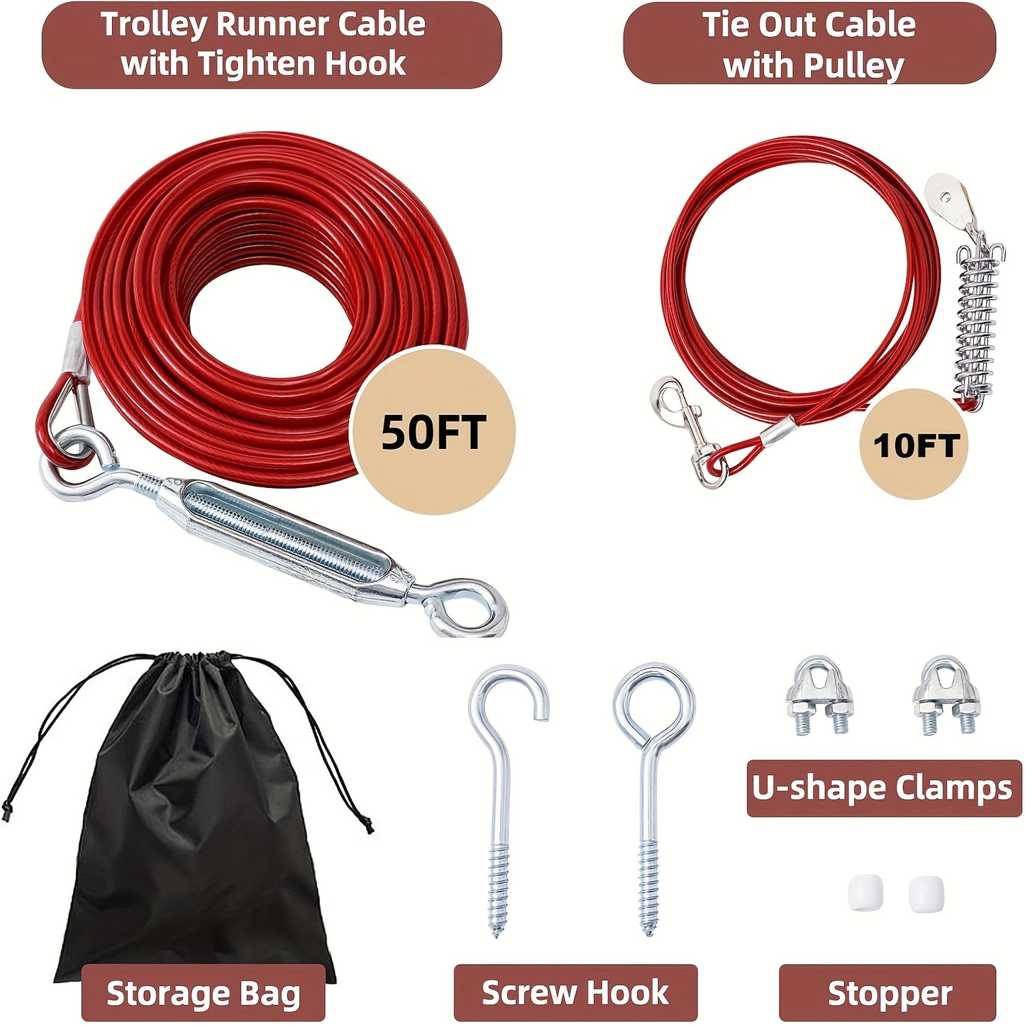 Heavy Duty 50ft Dog Tie Out Cable with 10ft Run for Training Camping Hiking Chew Proof Lead