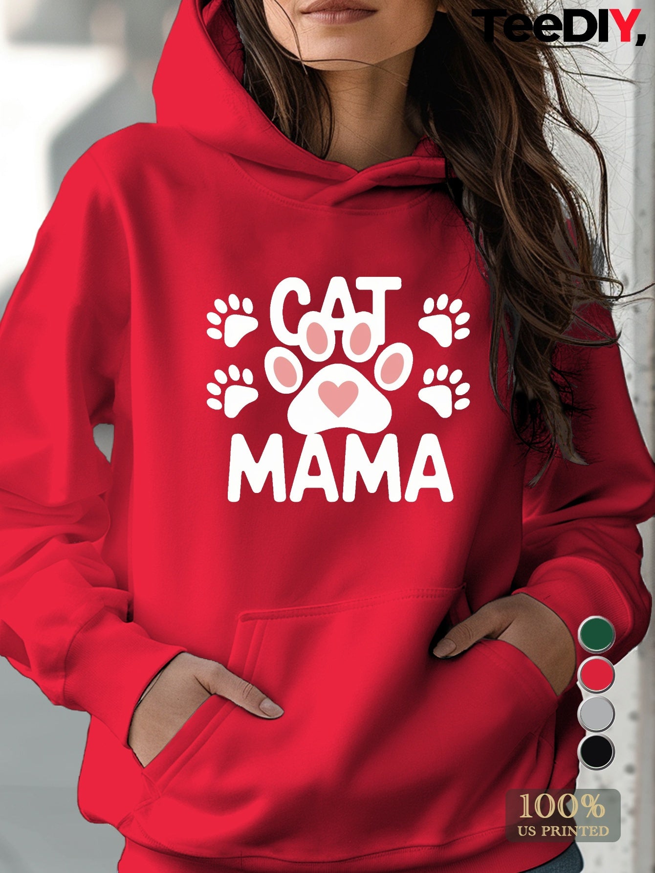 Teediy Cat Mama Paw Print Heart Women's Casual Hoodie for Cat Lovers