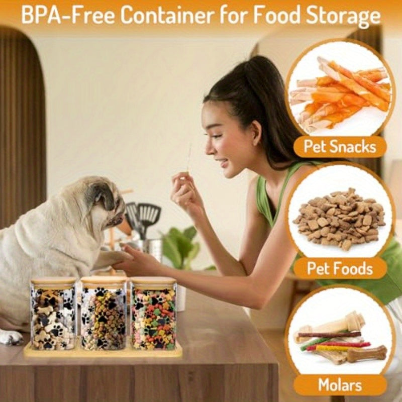 3 Pack Airtight Dog Treat Jars With Paw Print Labels
